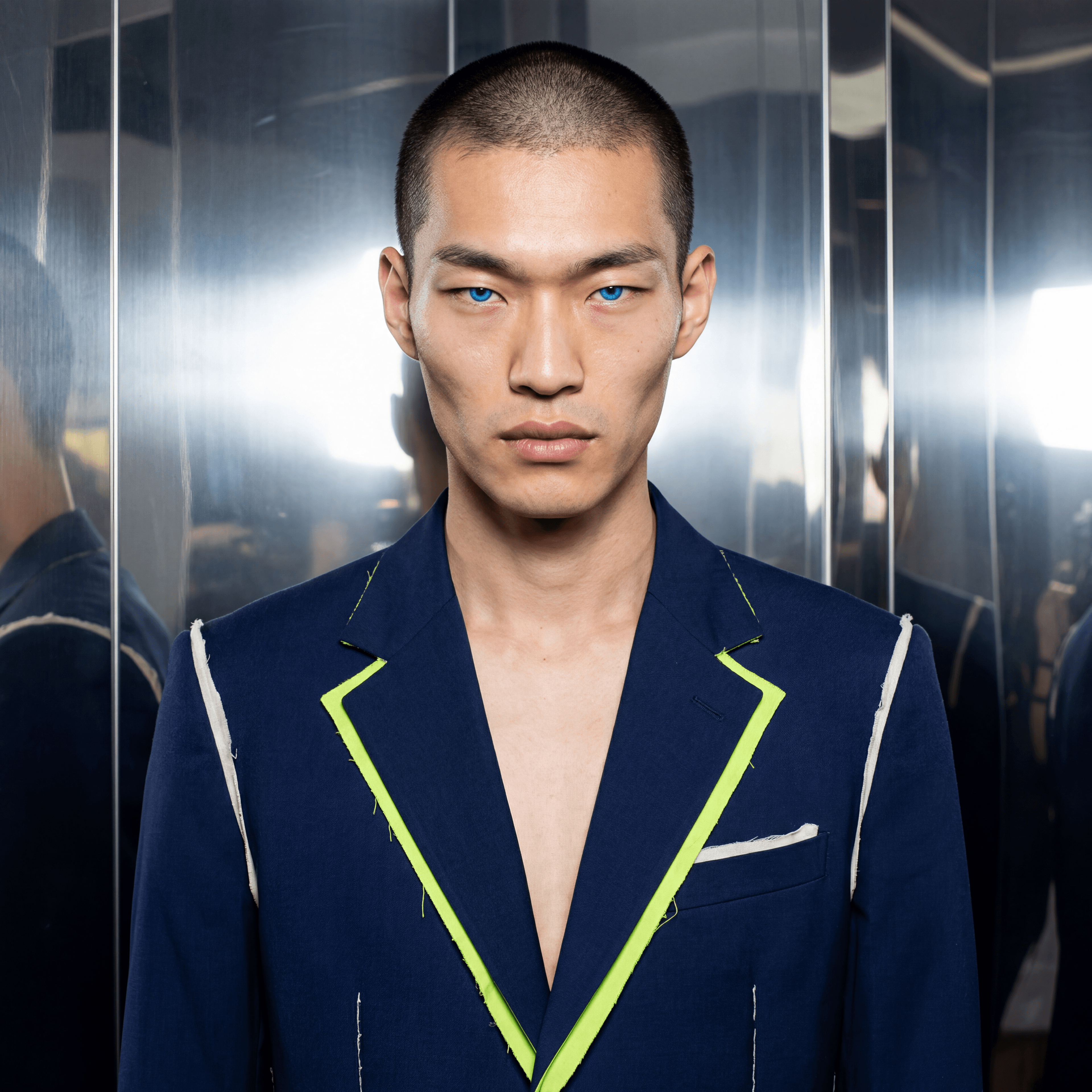 Bruce — Deconstructed navy suit, steel wall