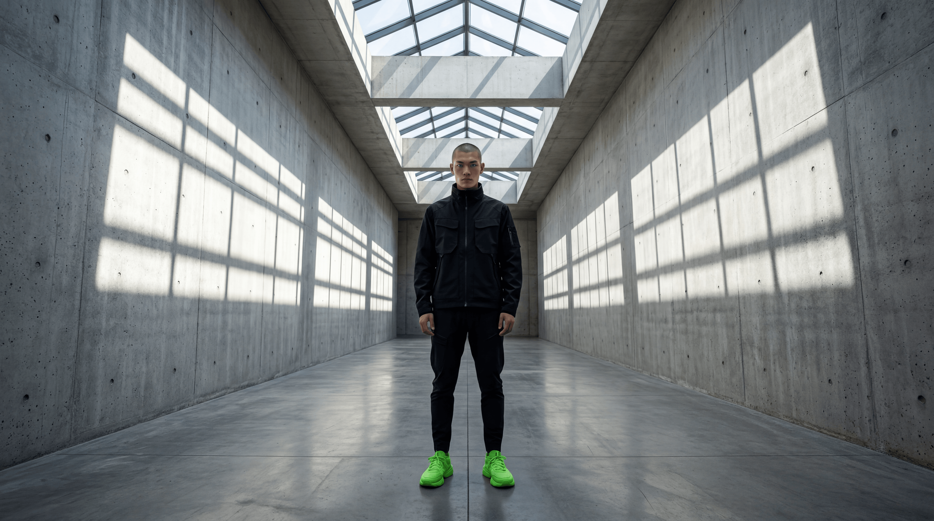 Bruce — Brutalist corridor with neon green sneakers