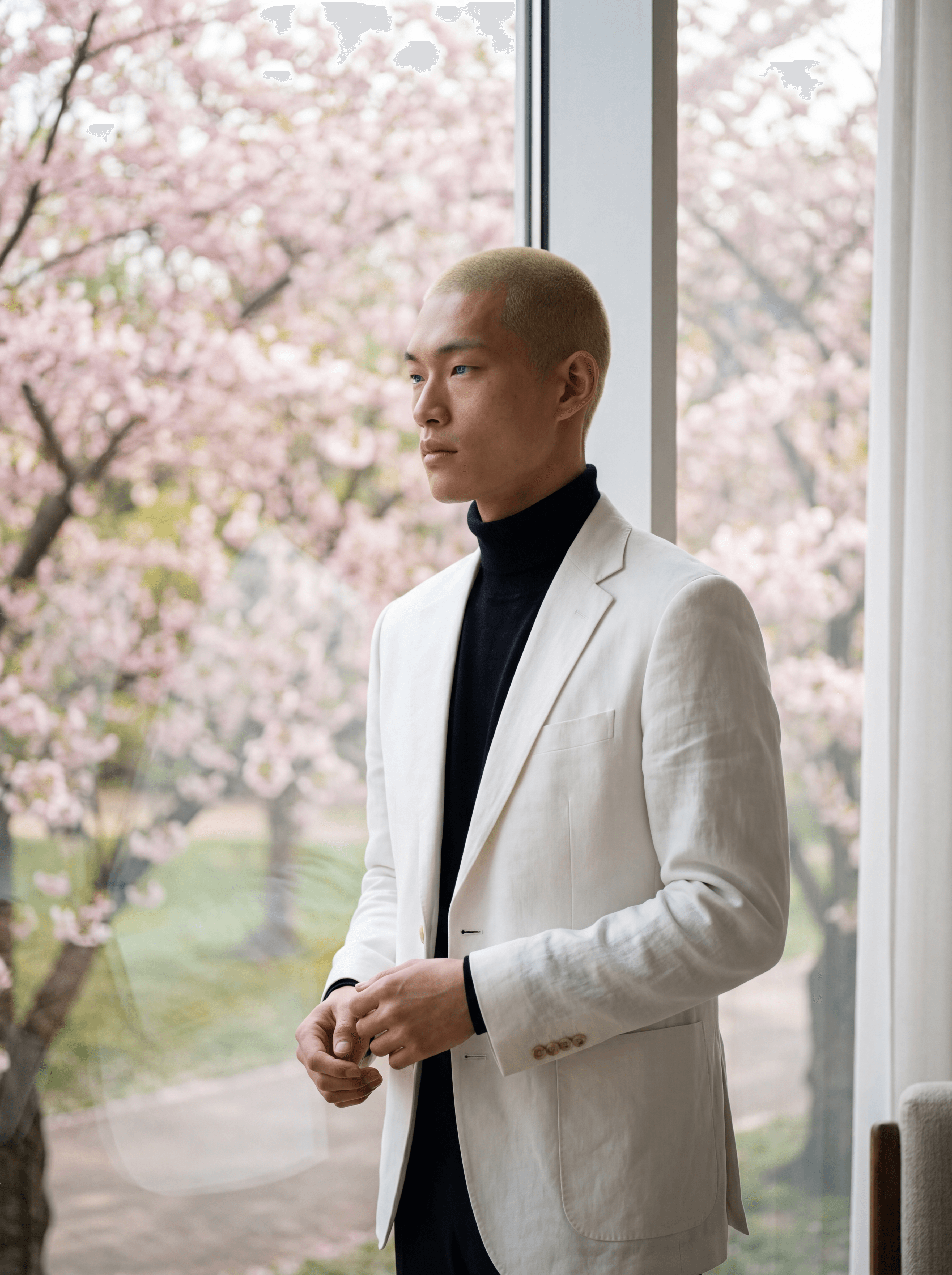 Bruce — White linen blazer, cherry blossoms